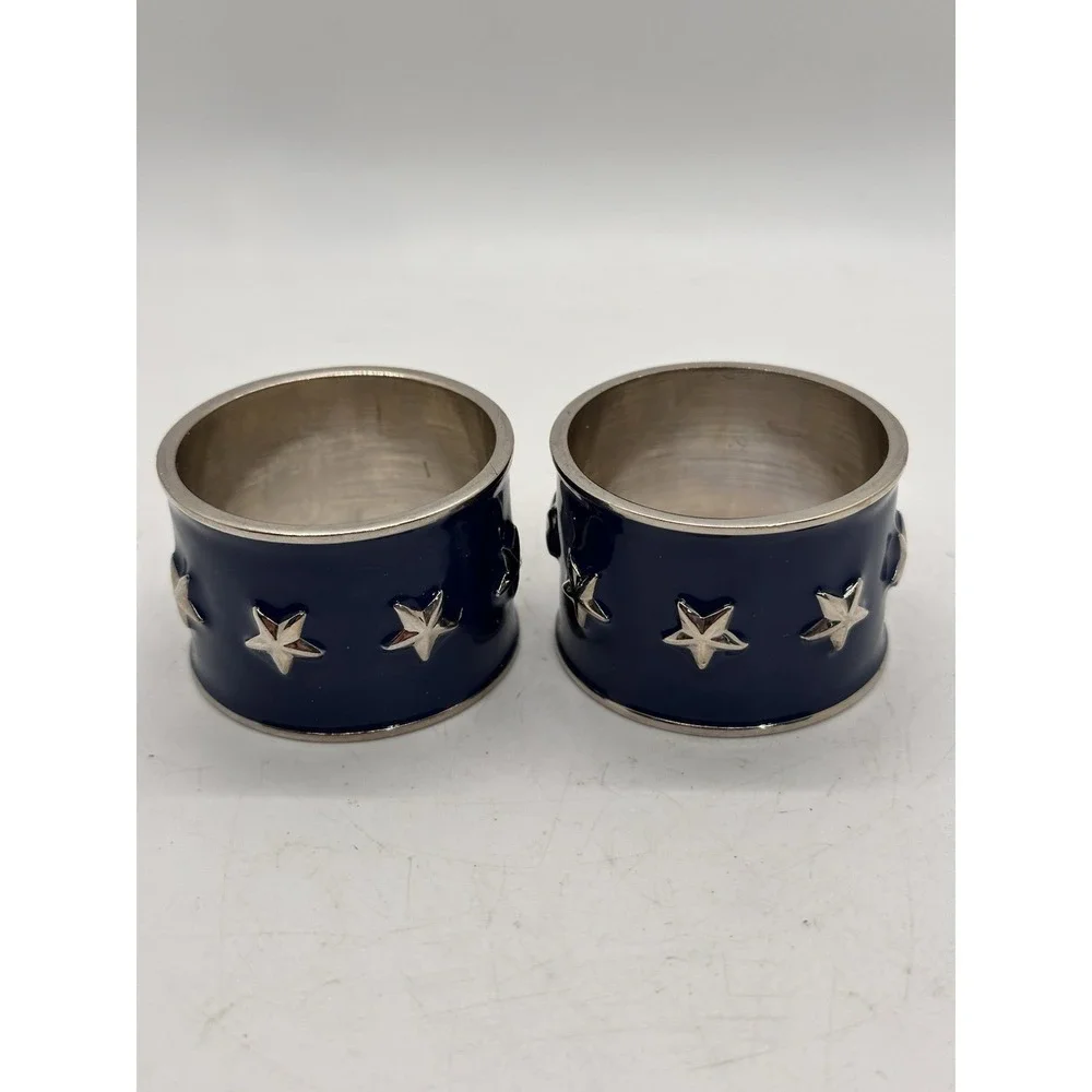 Pair Navy Blue‎ Enamel Star Napkin Rings Coastal Nautical Patriotic Decor